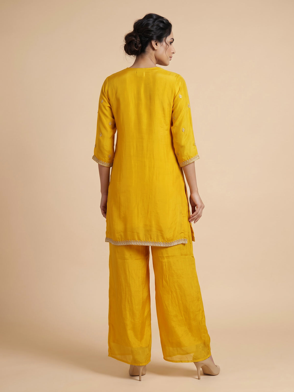 Yellow tissue silk embroidered women kurti set