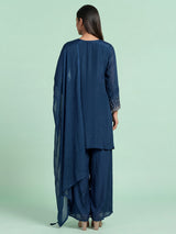 Teal blue scallop yoke women kurti set
