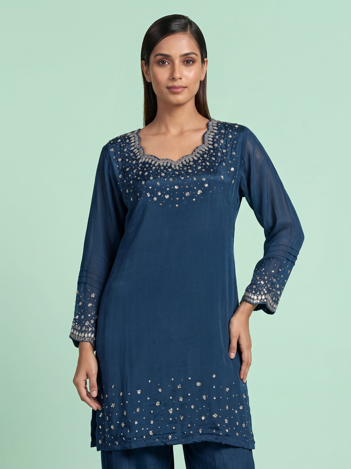Teal blue scallop yoke women kurti set