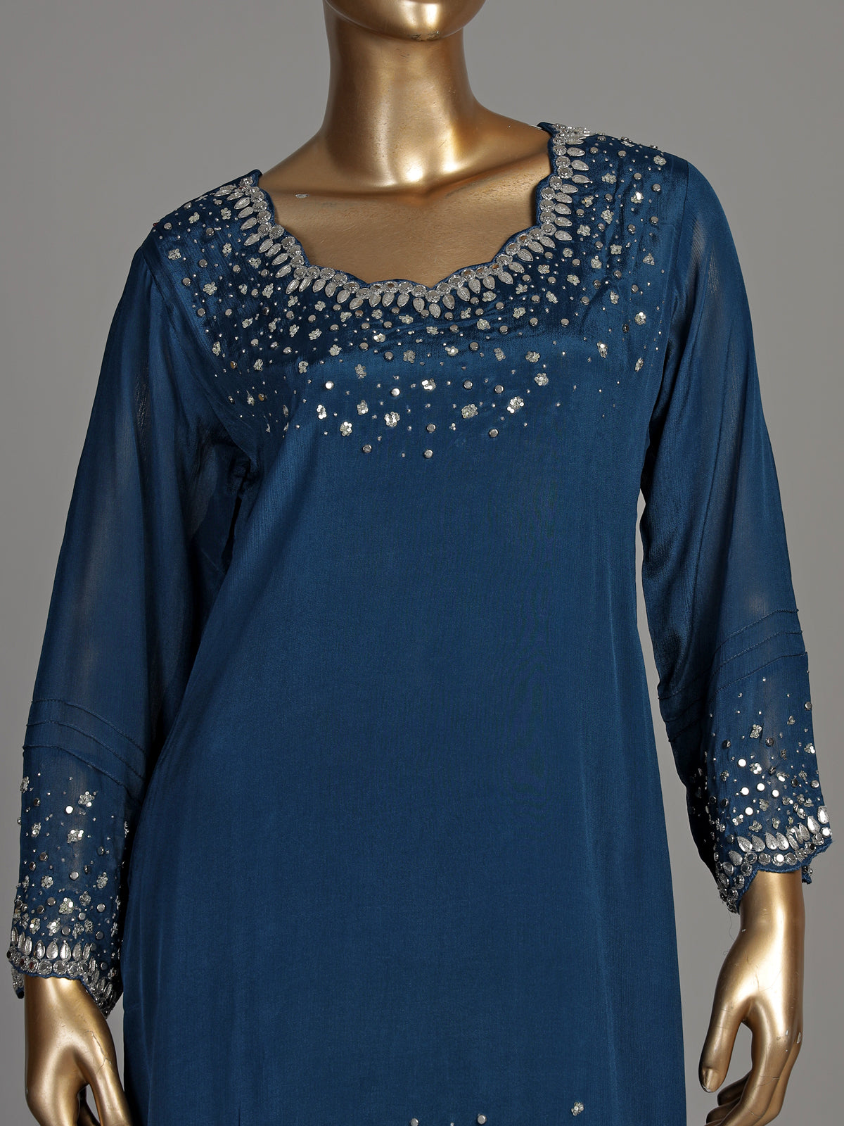 Teal blue scallop yoke women kurti set