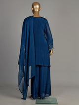 Teal blue scallop yoke women kurti set