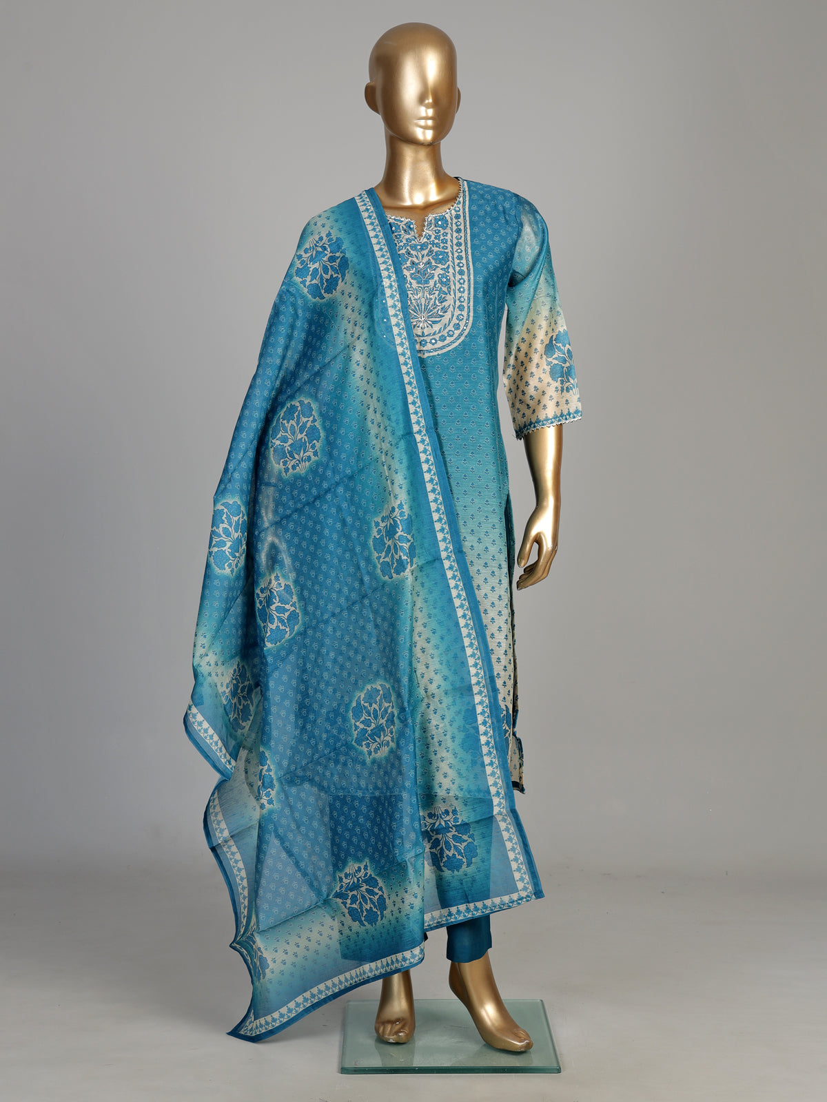 Rama blue Mughal medallion women kurti set