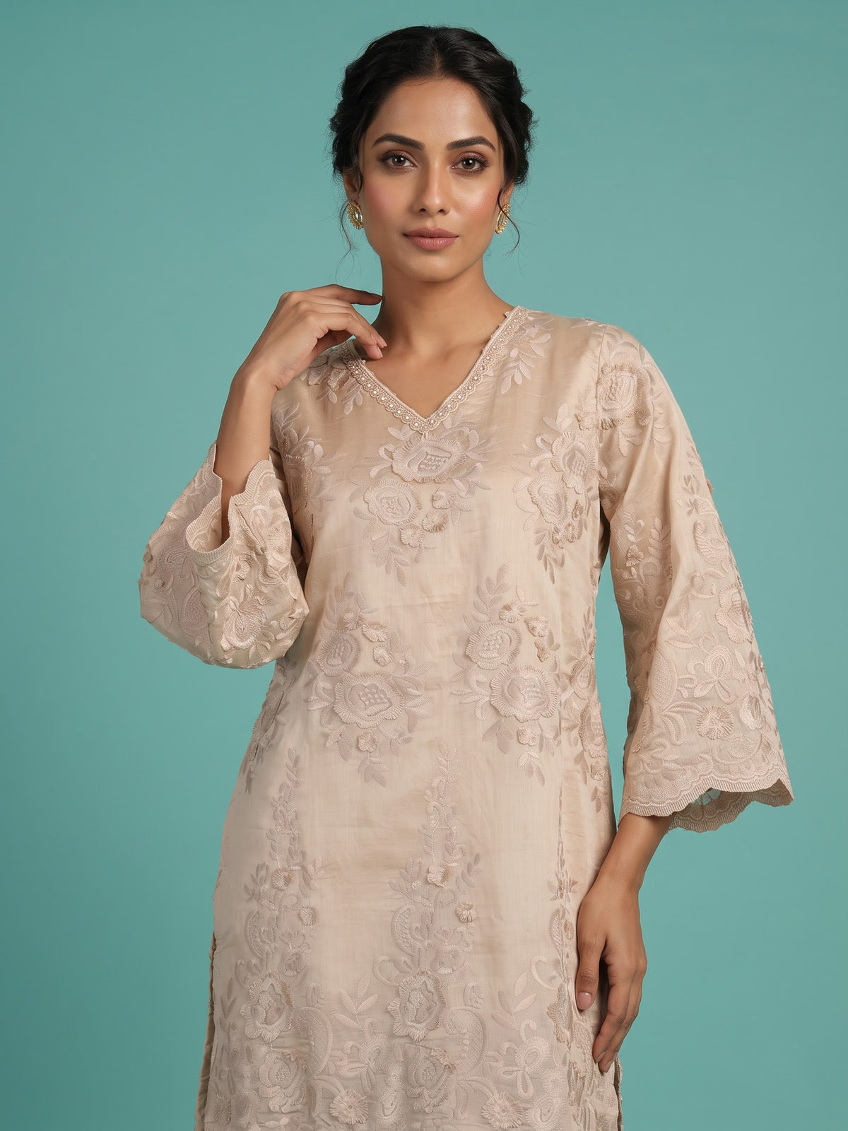 Beige garden bouquet women kurti set