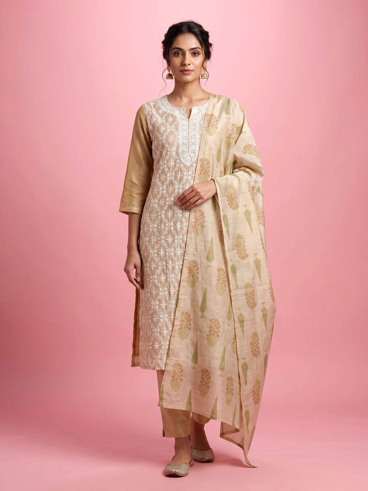 Beige floral lattice women kurti set