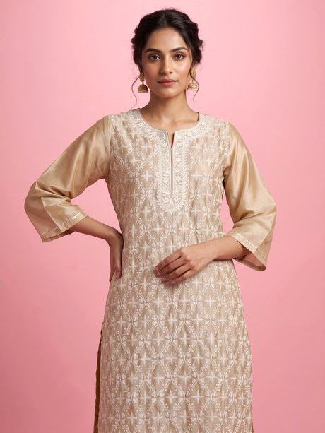 Beige floral lattice women kurti set