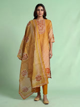 Mustard yellow palmette print women kurti set