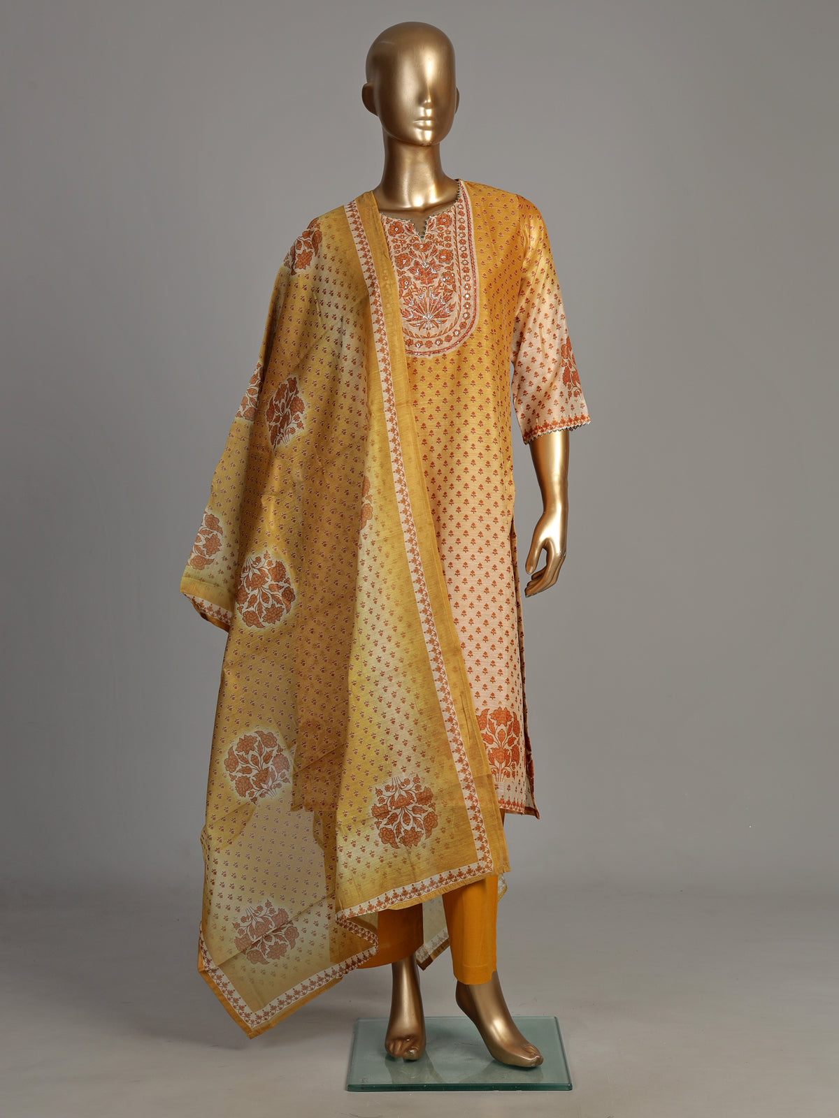 Mustard yellow palmette print women kurti set