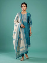 Rama blue fretwork women kurti set