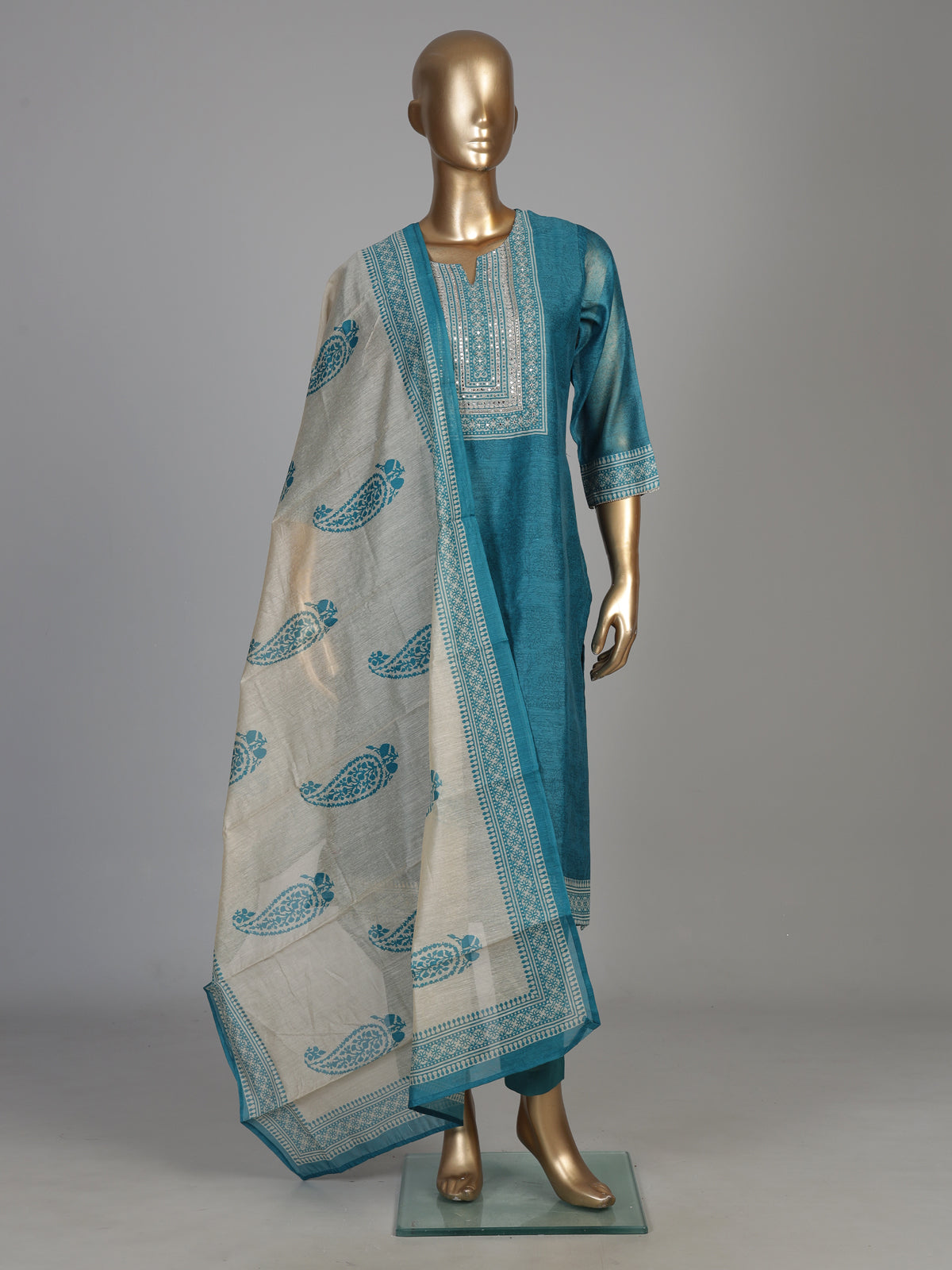 Rama blue fretwork women kurti set