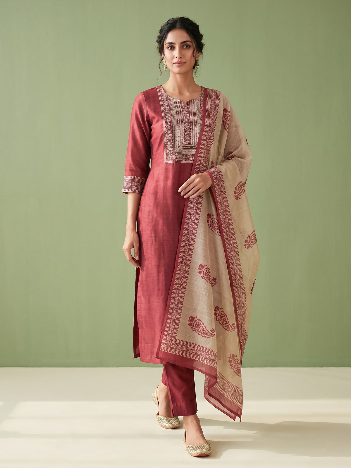 Maroon geometric bib women kurti set