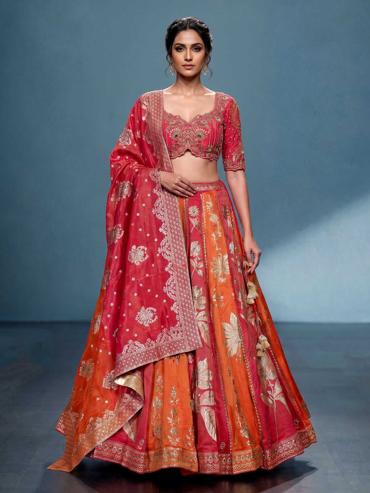 Multicolour silk lehenga choli with floral motifs and embellishments