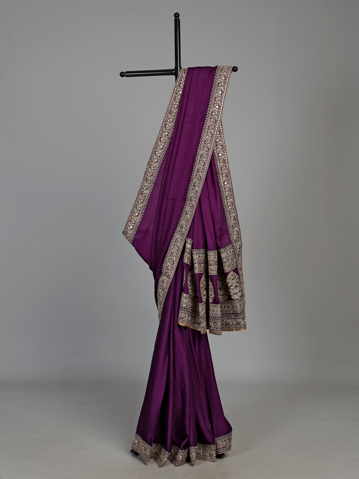 Purple silk saree with embellished border and sequin work