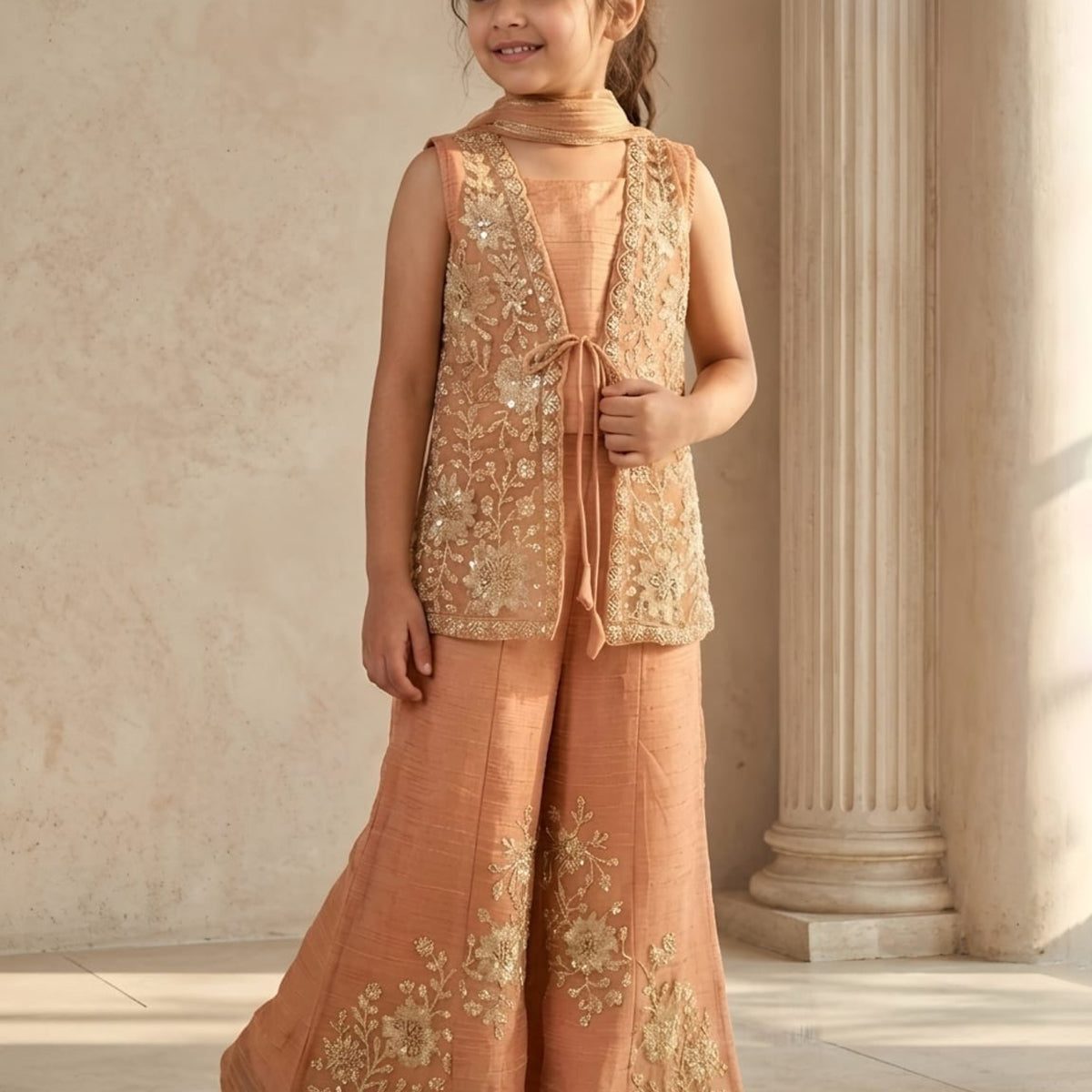 Rust peach floral girl sharara suit – G3Fashion India