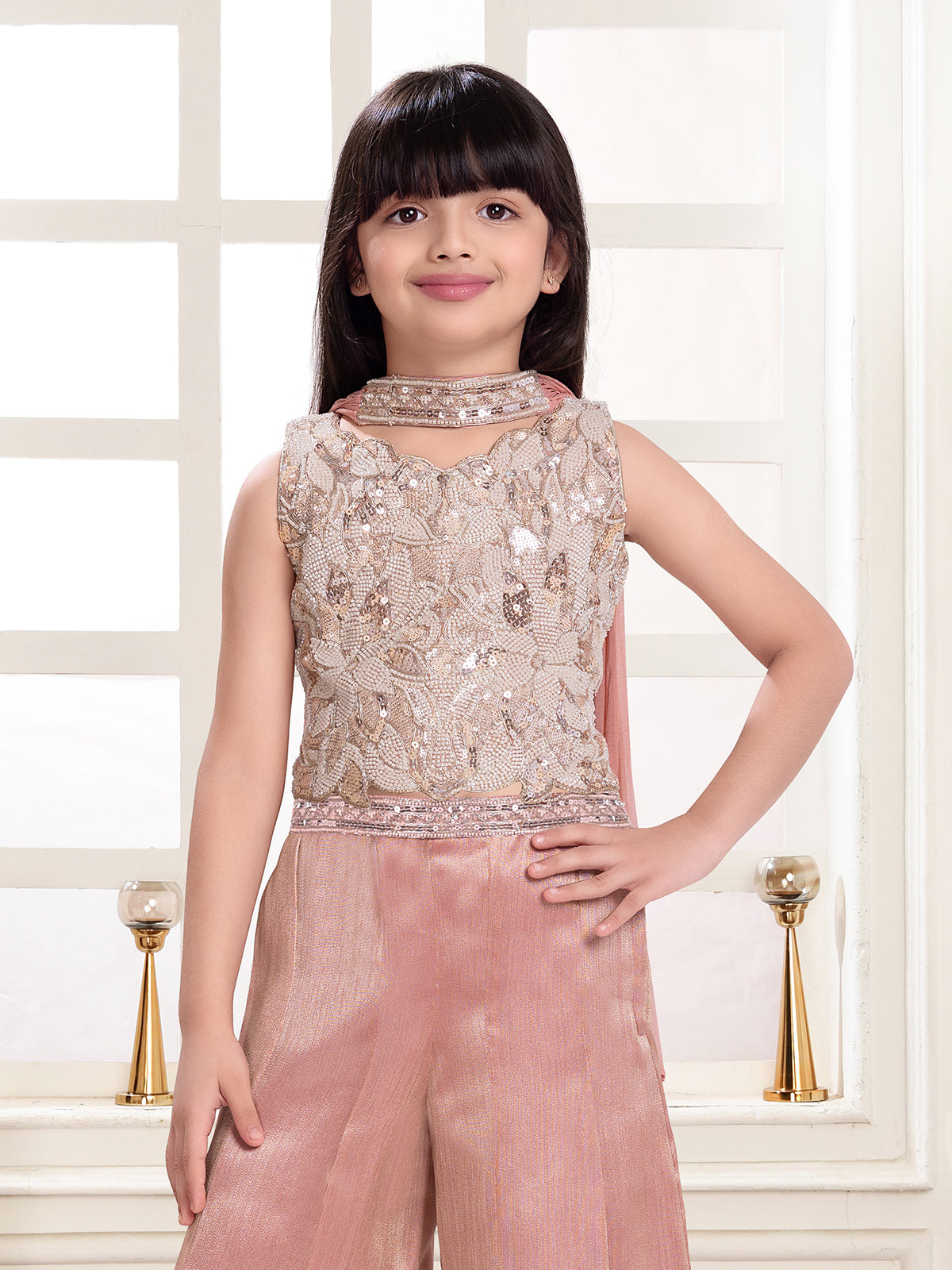 Onion pink floral glamour girl palazzo suit with choker dupatta