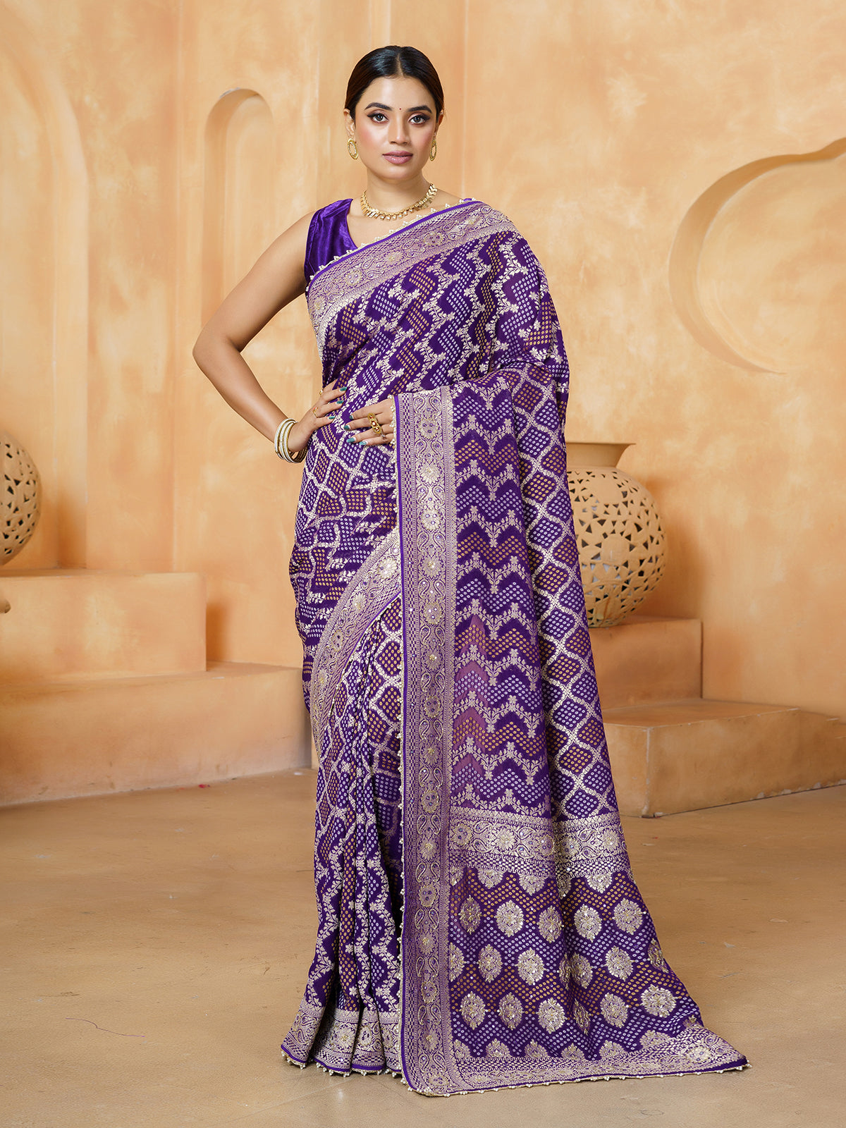 Purple designer bandhani georgette women saree