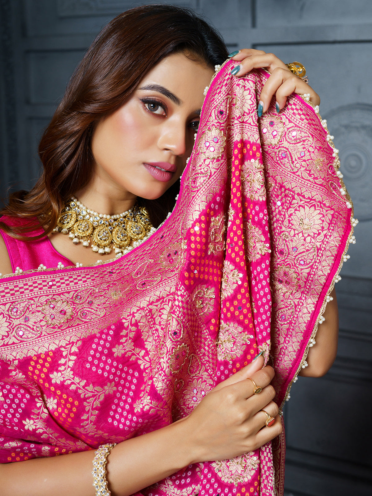 Rani pink ornate bandhani georgette women saree