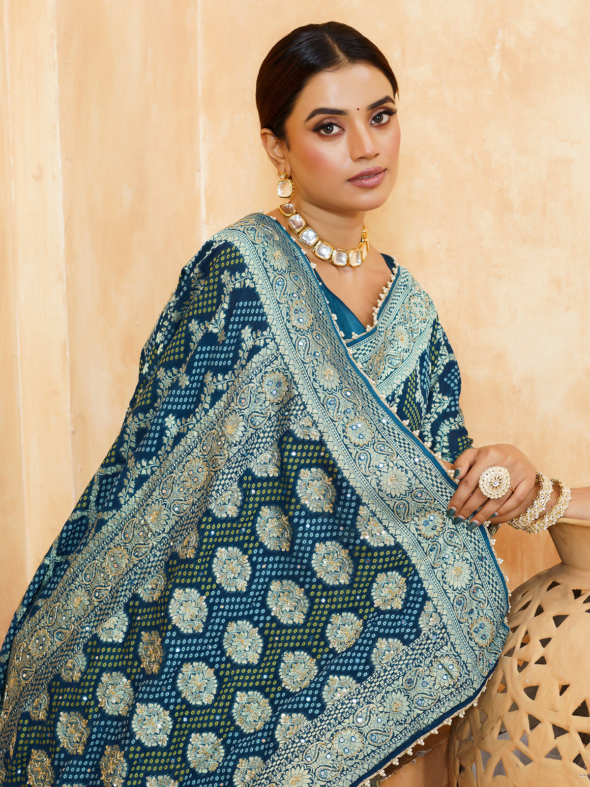 Teal blue festive bandhani georgette women saree