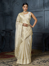 Premium pastel cream floral brocade tissue saree for women