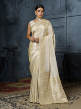 Premium pastel cream floral brocade tissue saree for women