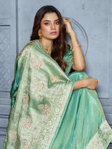 Luxury pastel green embroidered tissue saree for women