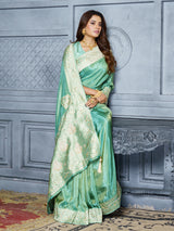 Luxury pastel green embroidered tissue saree for women