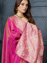 Elegant pink rosette brocade tissue saree for women