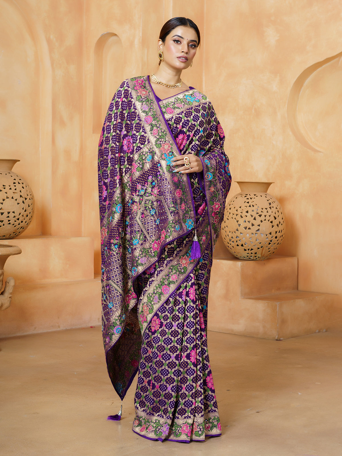 Purple mughal arch work premium bandhani saree for women