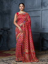 Red bridal mirror work gujarati bandhani saree for women