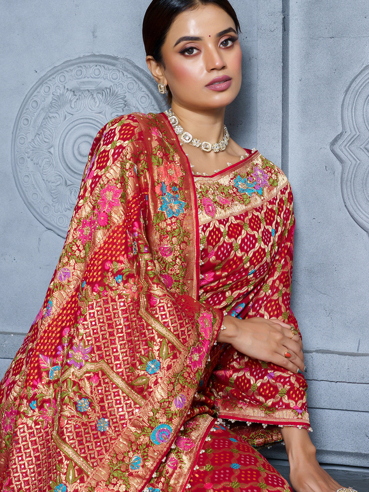 Red bridal mirror work gujarati bandhani saree for women