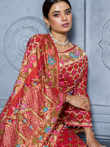 Red bridal mirror work gujarati bandhani saree for women
