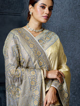 Ivory grey mughal paisley premium tissue saree for women