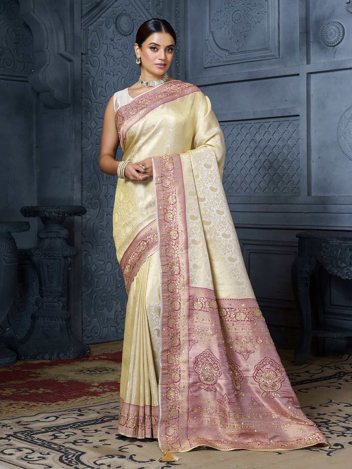Ivory purple floral luxury tissue saree for women
