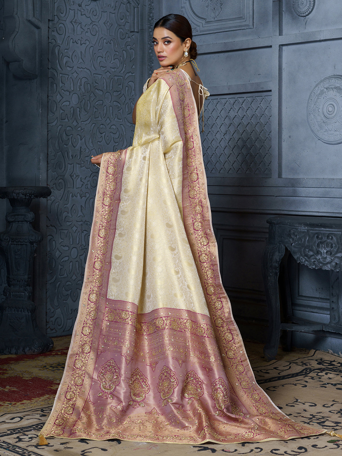 Ivory purple floral luxury tissue saree for women