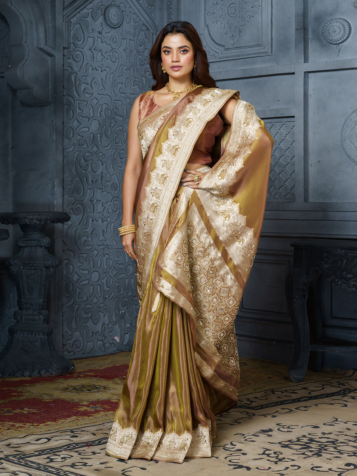 Pastel olive botanical tissue saree for women