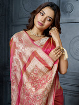 Pastel pink rosette pallu tissue saree for women