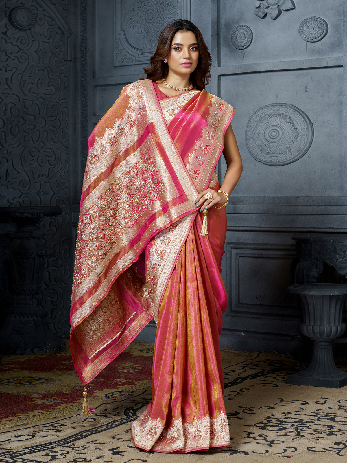 Pastel pink rosette pallu tissue saree for women