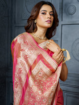 Pastel pink rosette pallu tissue saree for women