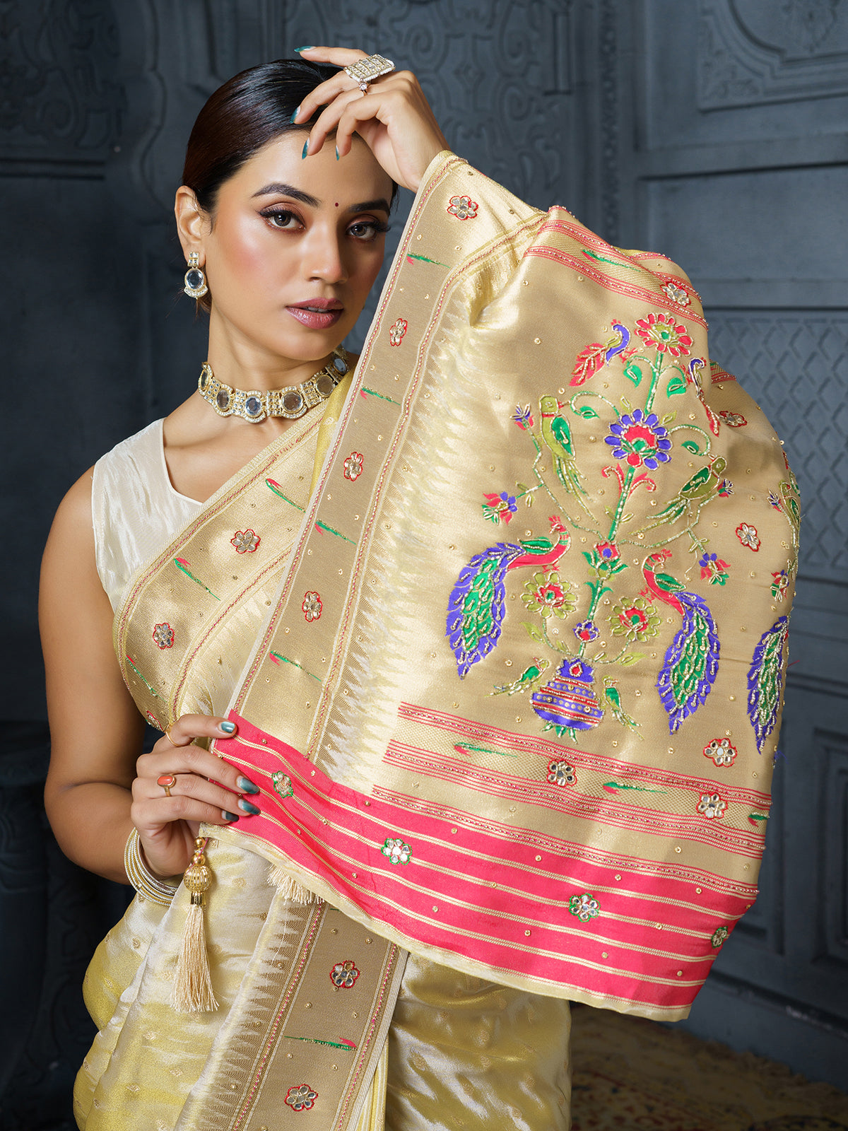 Pastel gold royal peacock embroidered tissue saree for women