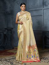 Pastel gold royal peacock embroidered tissue saree for women