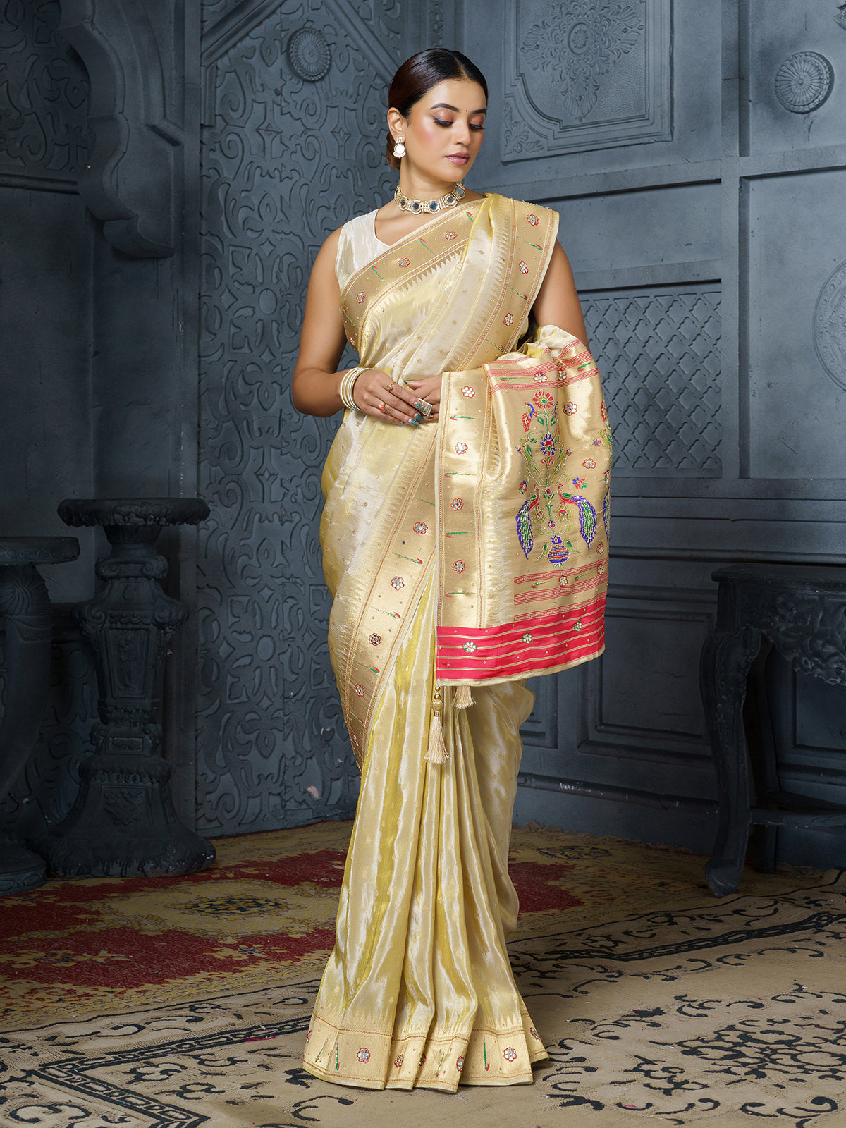 Pastel gold royal peacock embroidered tissue saree for women