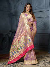 Pastel lavender floral bird work premium tissue saree for women