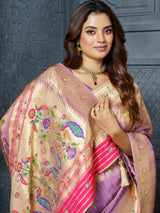 Pastel lavender floral bird work premium tissue saree for women