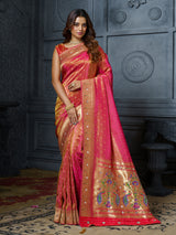 Pastel rani pink tree of life tissue saree for women