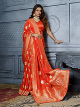 Orange festive chevron gold medallion saree for women
