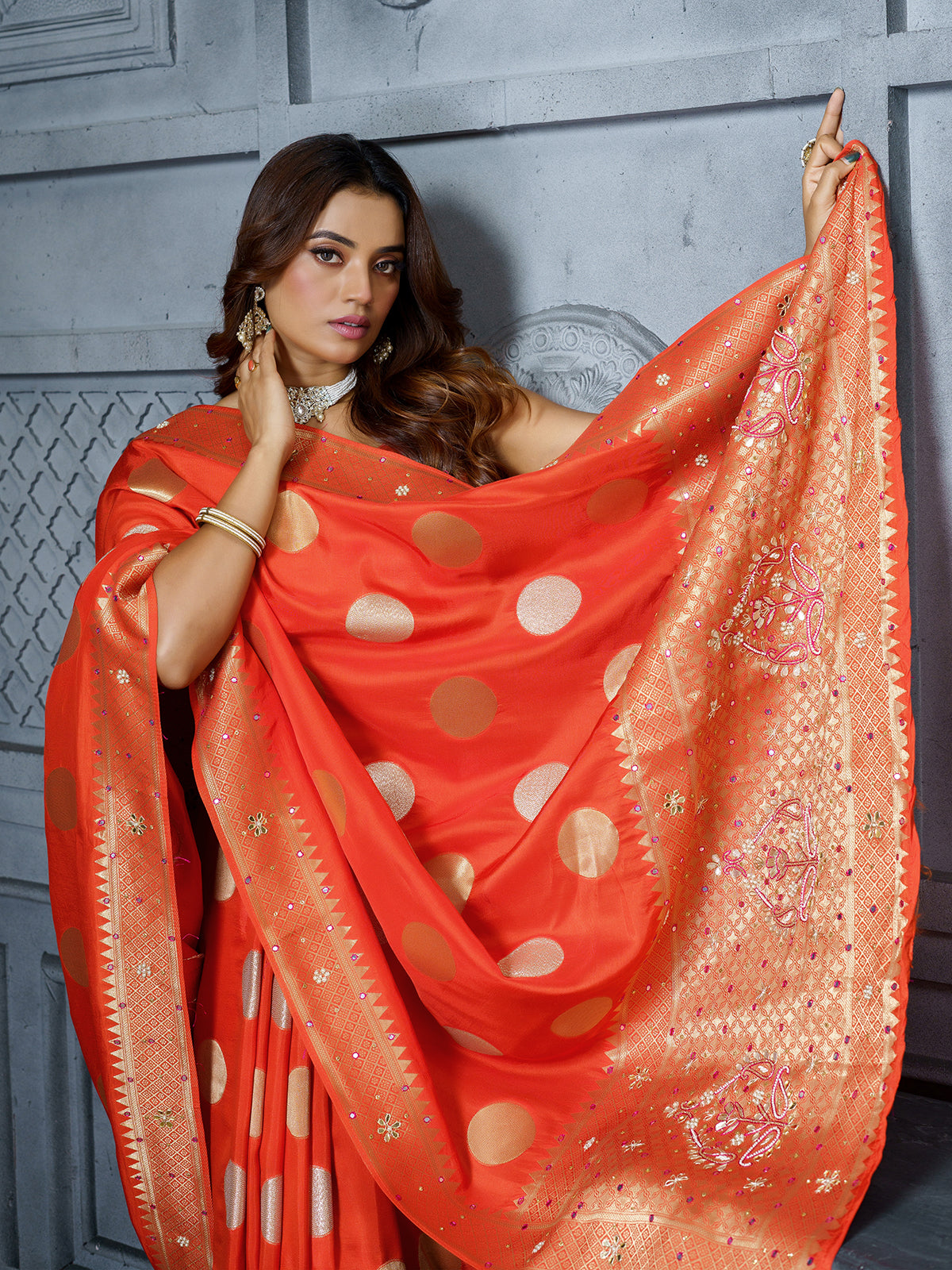 Orange festive chevron gold medallion saree for women