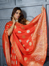 Orange festive chevron gold medallion saree for women