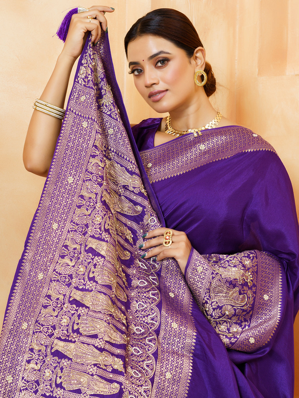 Blue royal procession embroidered dola silk saree for women