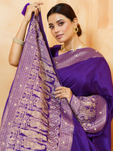 Blue royal procession embroidered dola silk saree for women
