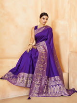 Blue royal procession embroidered dola silk saree for women