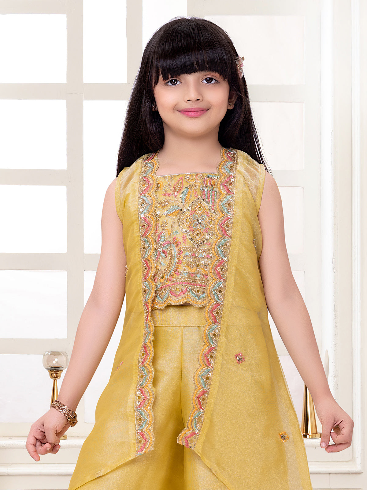Yellow floral tapestry girl palazzo suit with jacket